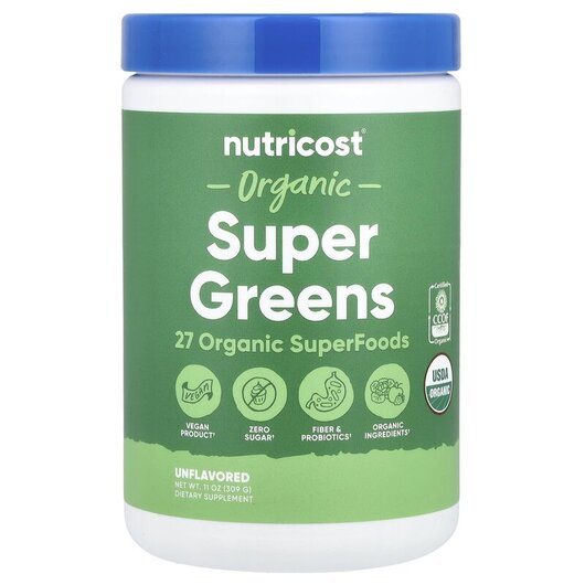 Основне фото товару Organic Super Greens Unflavored Основне фото товару Nutricost, Organic Super Greens Unflavored, Супергрінс, 309 г