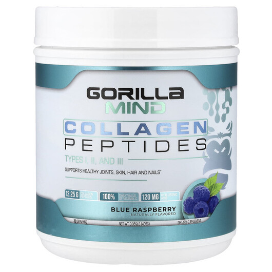 Основне фото товару Gorilla Mind, Collagen Peptides Blue Raspberry, Колаген, 435 г