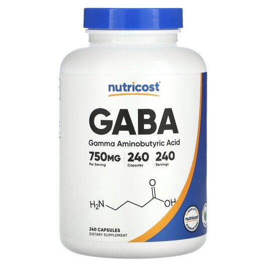 Основне фото товару GABA 750 mg Основне фото товару Nutricost, GABA 750 mg, ГАМК, 240 капсул