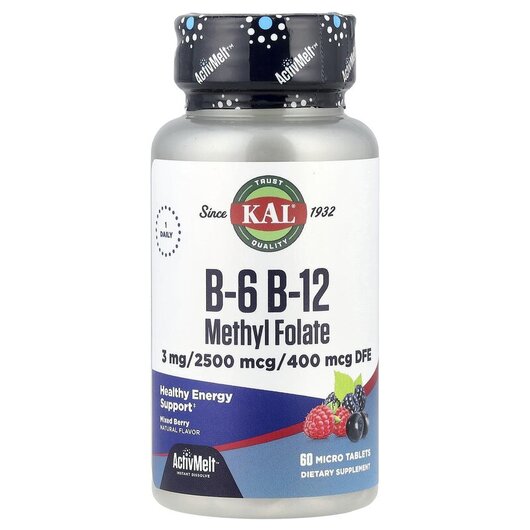 Основное фото товара B-6 B-12 Methyl Folate Berry 3/2500/400 mcg Основное фото товара KAL, B-6 B-12 Метилфолат 3 мг, B-6 B-12 Methyl Folate, 60 таблето