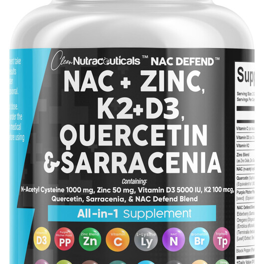 Основное фото товара NAC Zinc D3 K2 Quercetin Основное фото товара N-ацетилцистеин, NAC Zinc D3 K2 Quercetin, 60 капсул