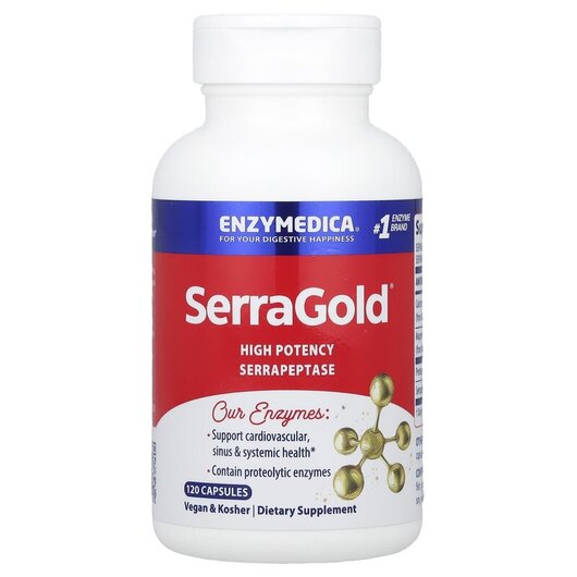Основне фото товару SerraGold High Potency Serrapeptase Основне фото товару Enzymedica, SerraGold, Серрапептаза, 120 капсул