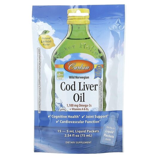 Основне фото товару Cod Liver Oil Packets Lemon, Олія печінки тріски, 15 Liquid Packe