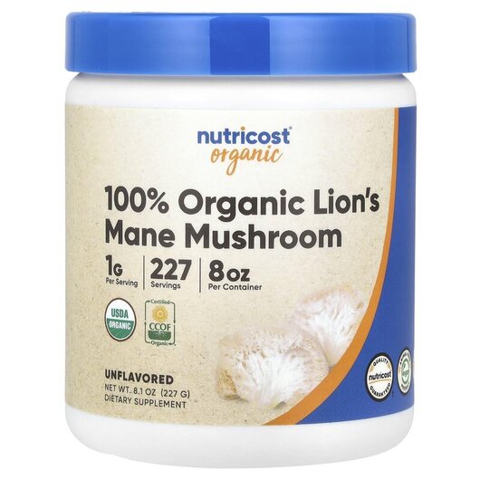 Основное фото товара 100% Organic Lion's Mane Mushroom Unflavored, Грибы Львиная 