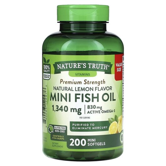 Основное фото товара Mini Fish Oil Premium Strength Natural Lemon, Омега 3, 200 Mini S