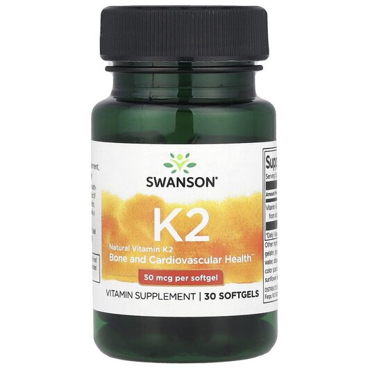 Основне фото товару Natural Vitamin K2 50 mcg Основне фото товару Swanson, K2, Вітамін K2 50 мкг, 90 капсул