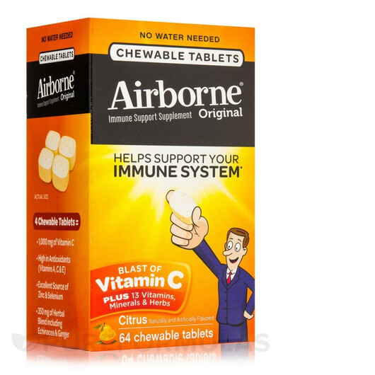 Основне фото товару Airborne Immune Support Chewable Tablets Citrus Flavor Основне фото товару Airborne Immune Support Chewable Tablets, Підтримка імунітету, 64