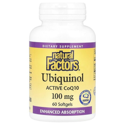 Основне фото товару Ubiquinol Active CoQ10 100 mg Основне фото товару Natural Factors, Ubiquinol Active CoQ10 100 mg 60, Убіхінол, 60 к