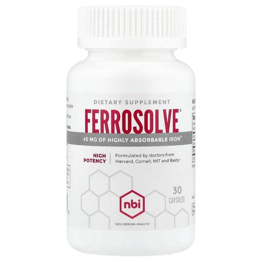 Основне фото товару Ferrosolve High Potency Основне фото товару NBI Health, Ferrosolve High Potency, Залізо, 30 капсул
