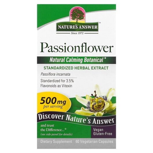 Основне фото товару Passionflower 500 mg Основне фото товару Nature's Answer, Passionflower, Пассифлора 500 мг 60капсул,