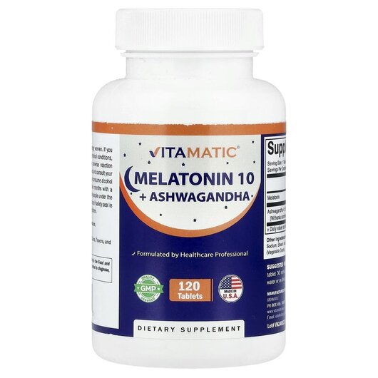 Основное фото товара Vitamatic, Мелатонин, Melatonin 10 + Ashwagandha, 120 таблеток
