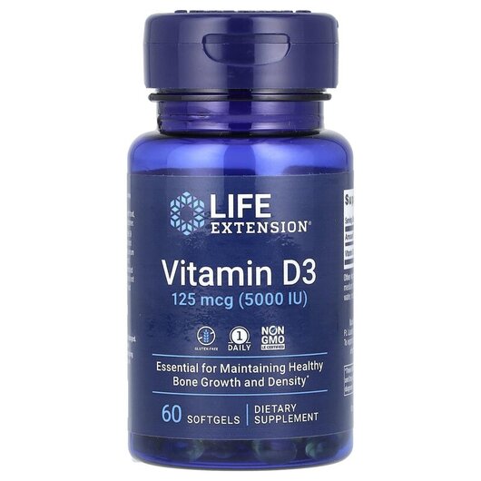 Основне фото товару Life Extension, Vitamin D3 125 mcg, Вітамін D3 5000 МО, 60 капсул