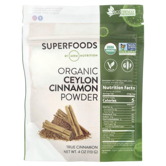 Основне фото товару MRM, Organic Ceylon Cinnamon Powder, Екстракт кориці, 113 г