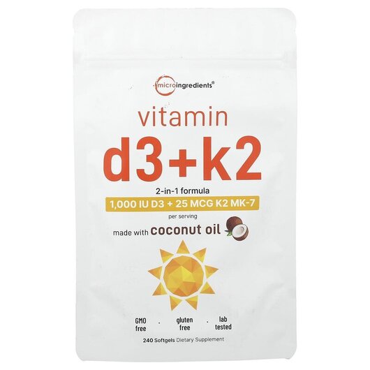 Основне фото товару Micro Ingredients, Vitamin D3 + K2, Вітаміни D3 K2, 240 капсул