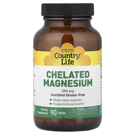 Основне фото товару Chelated Magnesium 250 mg Основне фото товару Country Life, Chelated Magnesium 250 mg, Магній Хелат, 90 таблето