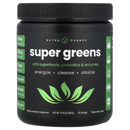 Основне фото товару NutraChamps, Super Greens Natural Berry, Суперфуд, 258 г