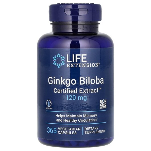 Основне фото товару Ginkgo Biloba Certified Extract 120 mg Основне фото товару Life Extension, Ginkgo Biloba 120 mg, Гінкго Білоба 120 мг, 365 к