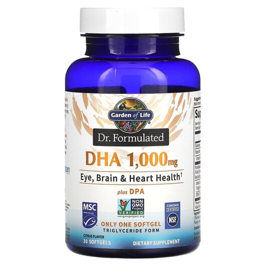 Основне фото товару Garden of Life, DHA 1000 mg, Докозагексаєнова кислота ДГК, 30 кап