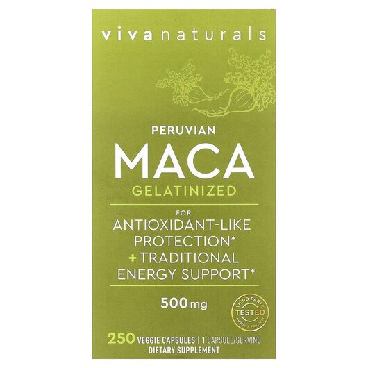 Основне фото товару Viva Naturals, Peruvian Maca Gelatinized 500 mg, Мака, 250 капсул