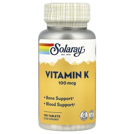 Основное фото товара Solaray, Витамин К1 100 мкг, Vitamin K1 100 mcg, 100 таблеток