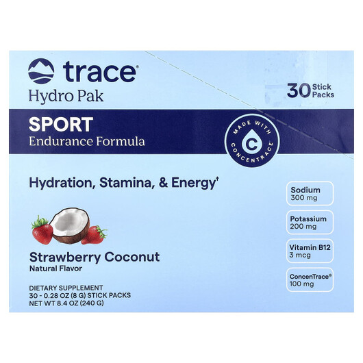 Основне фото товару Hydro Pak Sport Strawberry Coconut Основне фото товару Trace, Hydro Pak Sport Strawberry Coconut, Електроліти, 30 шт