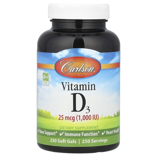 Основное фото товара Витамин D3 25 мкг 1000 МЕ, Vitamin D3 25 mcg 1000 IU, 250 капсул