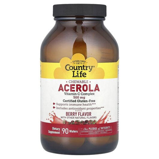 Основное фото товара Acerola Vitamin C Chewable Berry 500 mg Основное фото товара Country Life, Ацерола с C 500 мг, Acerola, 90 конфет