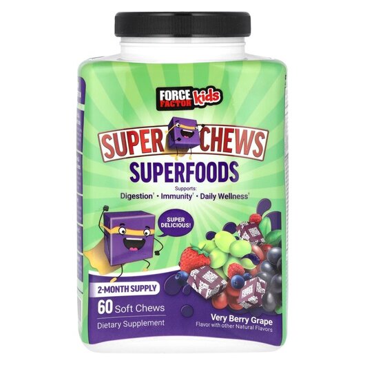 Основне фото товару Kids Super Chews Superfoods Very Berry Grape Основне фото товару Kids Super Chews Superfoods Very Berry Grape, Суперфуд, 60 таблет
