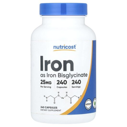 Основное фото товара Iron 25 mg Основное фото товара Nutricost, Железо, Iron 25 mg, 240 капсул