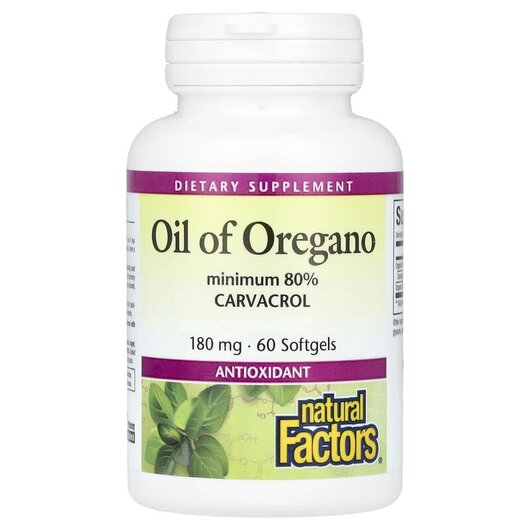 Основне фото товару Natural Factors, Oil Of Oregano 180 mg, Олія орегано, 60 капсул