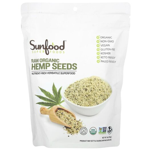 Основне фото товару Raw Organic Shelled Hemp Seeds Основне фото товару Sunfood, Raw Organic Shelled Hemp Seeds, Конопляний протеїн, 454