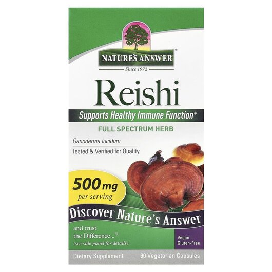 Основне фото товару Reishi 500 mg Основне фото товару Nature's Answer, Reishi 500 mg, Гриби Рейша 500 мг, 90 капсу