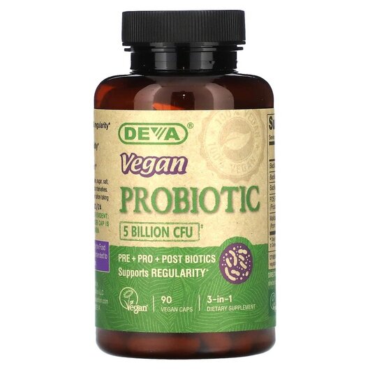 Основне фото товару 3-in-1 Vegan Probiotic 5 Billion CFU Основне фото товару Deva, 3-in-1 Vegan Probiotic 5 Billion CFU, Пробіотики, 90 капсул