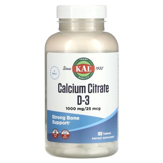 Основне фото товару Calcium Citrate D-3 Основне фото товару KAL, Calcium Citrate D-3, Кальцій, 180 таблеток