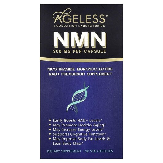 Основне фото товару Ageless, NMN 500 mg, Нікотинамід мононуклеотид, 90 капсул