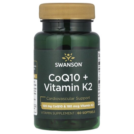 Основне фото товару Swanson, CoQ10 + Vitamin K2, Коензим Q-10 + K2, 60 капсул