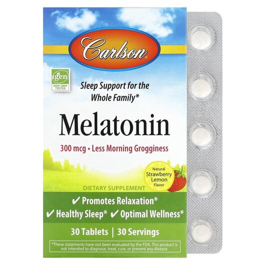 Основне фото товару Carlson, Melatonin 300 mcg Strawberry Lemon, Мелатонін, 30 таблет