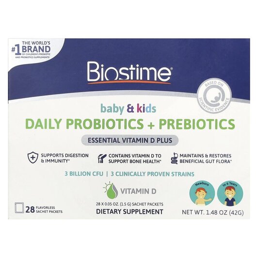 Основне фото товару Baby & Kids Daily Probiotics + Prebiotics Newborn to 6 Years Flavorless Основне фото товару Biostime, Daily Probiotics + Prebiotics, Пробіотики для дітей, 28
