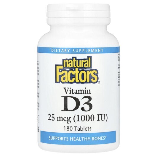 Основне фото товару Natural Factors, Vitamin D3 25 mcg 1000 IU, Вітамін D3, 180 табле