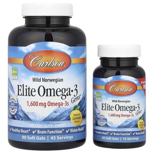 Основне фото товару Wild Caught Elite Omega-3 Gems Natural Lemon Flavor 1600 mg Основне фото товару Carlson, Wild Caught Elite Omega-3 Gems, Омега 3, 90 + 30 капсул