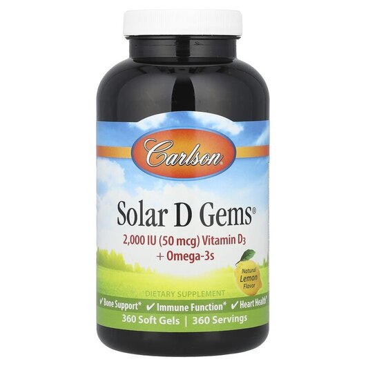 Основное фото товара Solar D Gems Vitamin D3 + Omega-3s Natural Lemon Flavor 50 mcg 2000 IU Основное фото товара Carlson, Витамин D3 + омега-3 кислоты, Solar D Gems 50 mcg, 360 к