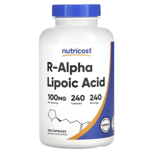 Основне фото товару R-Alpha Lipoic Acid 100 mg Основне фото товару Nutricost, R-Alpha Lipoic Acid 100 mg, Альфа-ліпоєва, 240 капсул