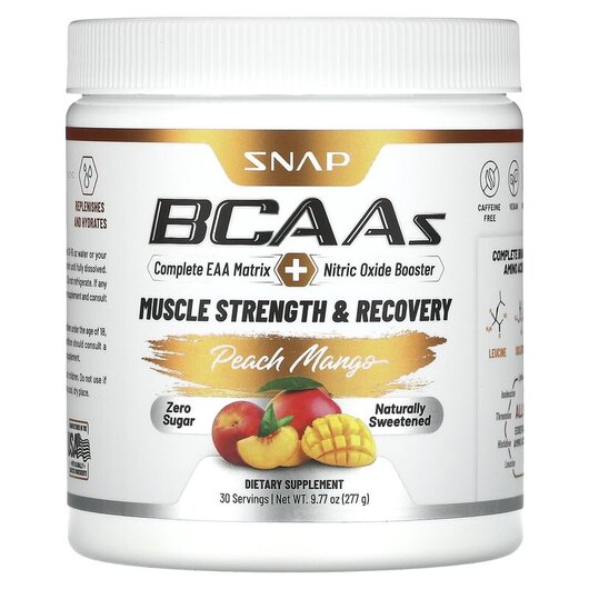 Основне фото товару BCAAs Peach Mango Основне фото товару Snap Supplements, BCAAs Peach Mango, БЦАА, 277 г