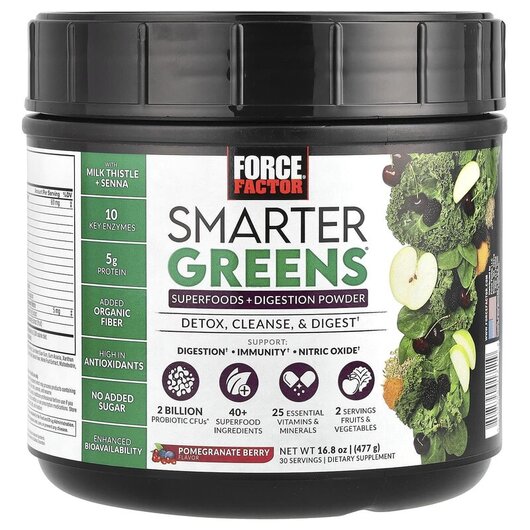 Основне фото товару Smarter Greens Superfoods + Digestion Pomegranate Основне фото товару Force Factor, Smarter Greens, Суперфуд, 419 г