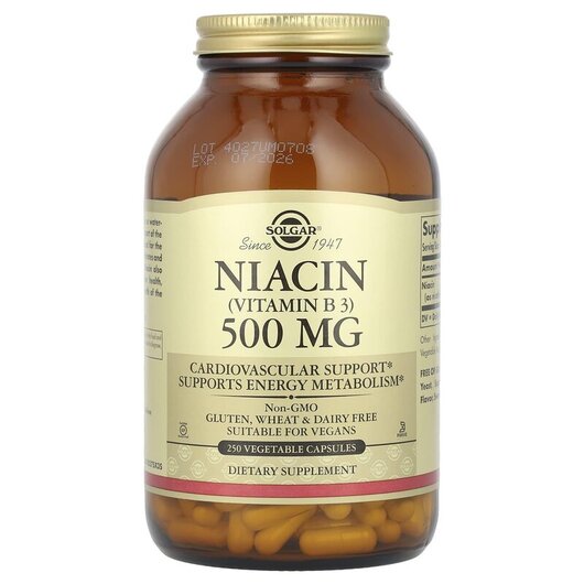 Основне фото товару Solgar, Vitamin B3 Niacin 500 mg, Ніацин 500 мг, 250 капсул
