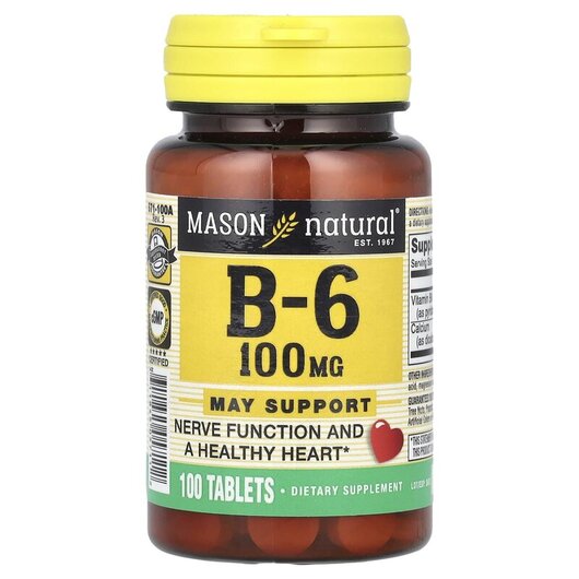 Основне фото товару Mason, Vitamin B6 100 mg, Вітамін B6 Піридоксин, 100 таблеток