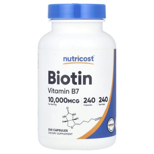 Основне фото товару Nutricost, Biotin 10000 mcg, Вітамін B7 Біотин, 240 капсул