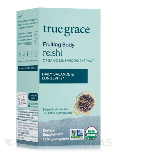 Основне фото товару True Grace, Organic Reishi, Гриби Рейші, 60 капсул