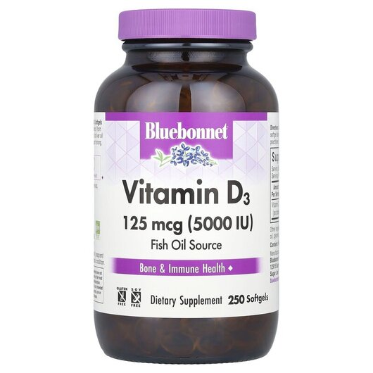 Основне фото товару Bluebonnet Nutrition, Vitamin D3 5000 IU, Вітамін D3, 250 капсул