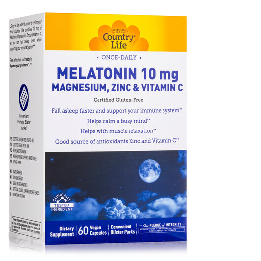 Основне фото товару Melatonin 10 mg Magnesium Zinc & Vitamin C, Мелатонін, 60 кап